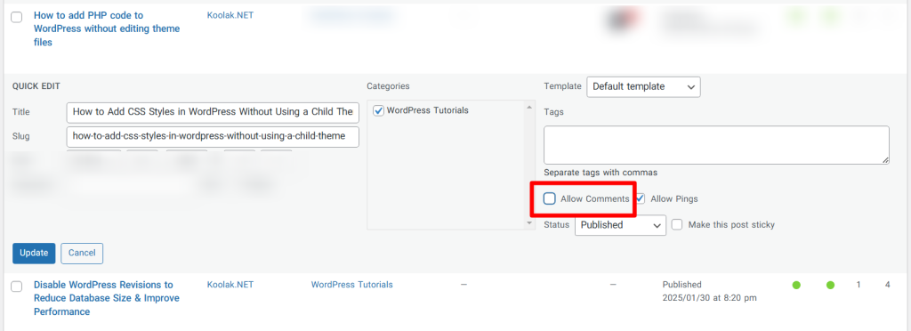 Disable Comments in WordPress - Quick Edit 