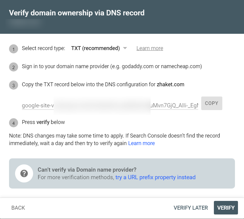 Verify DNS - Submit WordPress Site to Google Search Console