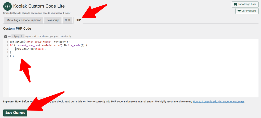 add PHP code to WordPress - PHP section