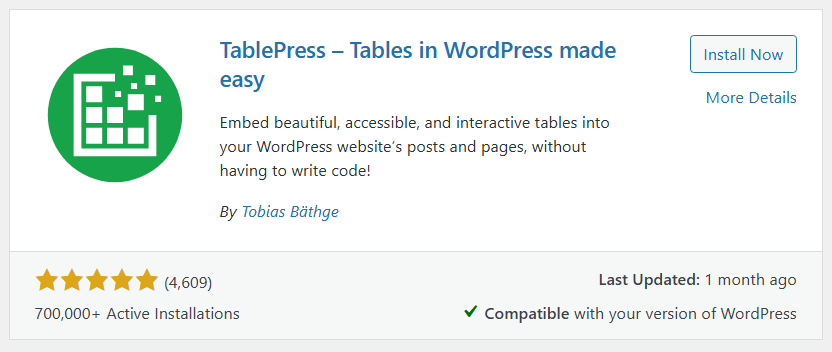 Create tables in wordpress using Tablepress Install process