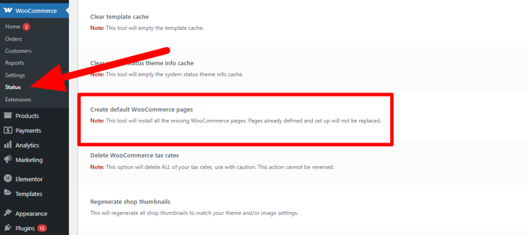 create default woocommerce pages