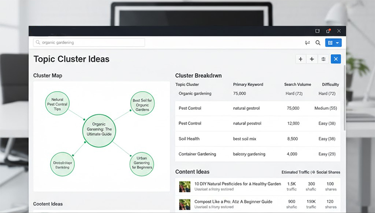 SEO keyword research tool displaying topic cluster opportunities for a pillar page