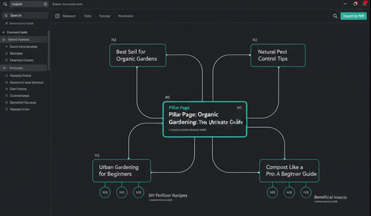 Content outline showing structured sections for a pillar page and related cluster articles.