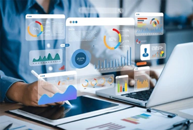 Marketing analyst reviewing interactive data dashboards for an SEO research report
