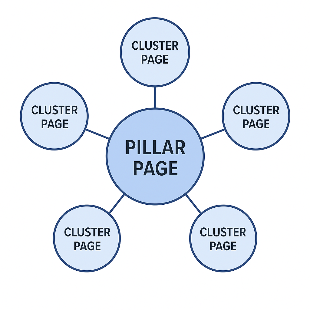 Diagram showing a pillar page in the center connected to several cluster pages, illustrating how a topic cluster is structured for SEO