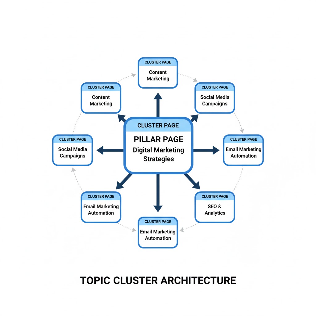 Diagram illustrating internal linking between pillar page and cluster pages.