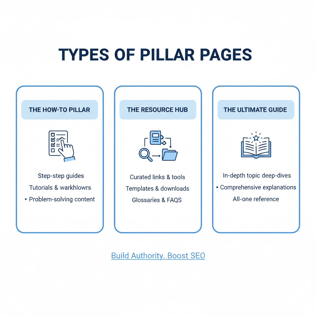 Diagram showing three types of pillar pages: the How-To Pillar, the Resource Hub, and the Ultimate Guide, each with descriptions of their content formats and SEO purpose.